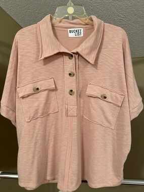 BUCKETLIST Blush Pink Button-Front Pocket Collared Top